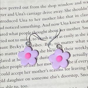 Purple flower silver hook dangle earrings